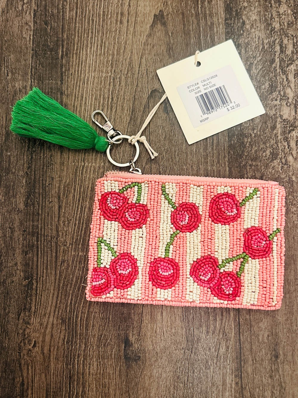 Beaded Cherry Pink & White Stripe Zip Pouch with Keychain & Green Tassel NWT
